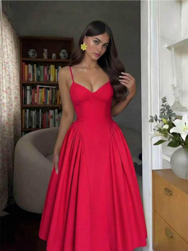 women's solid red camisole dress with ruched waist