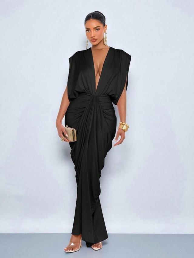 black deep v-neck draped jersey evening dress