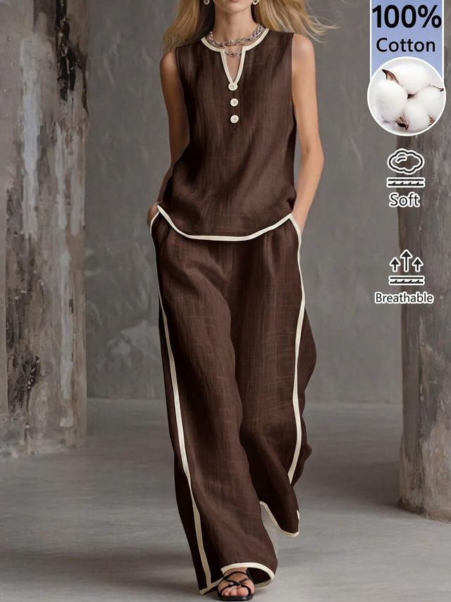 brown linen blend sleeveless shirt and wide leg trousers