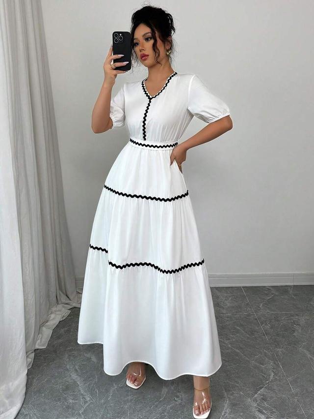 white casual long a-line dress with woven tape splicing