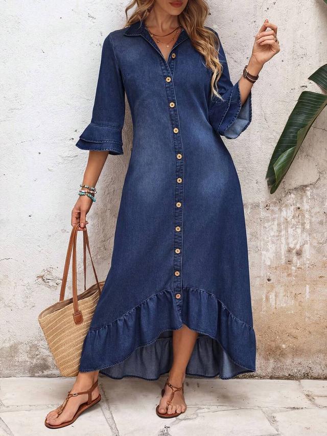 denim button-down midi dress with ruffled hem