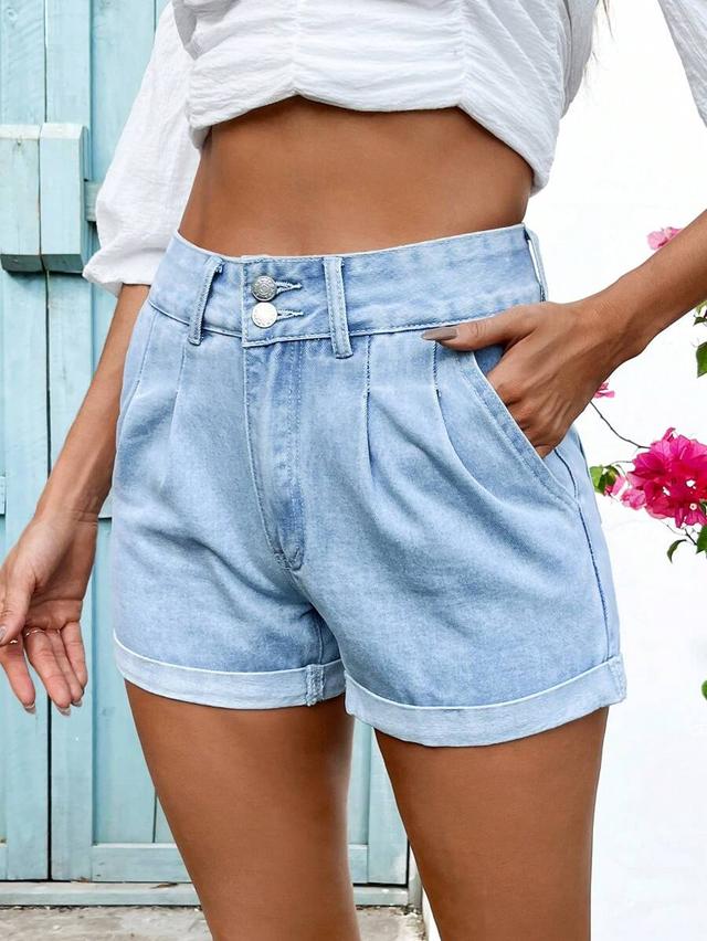 light wash denim shorts with double button closure