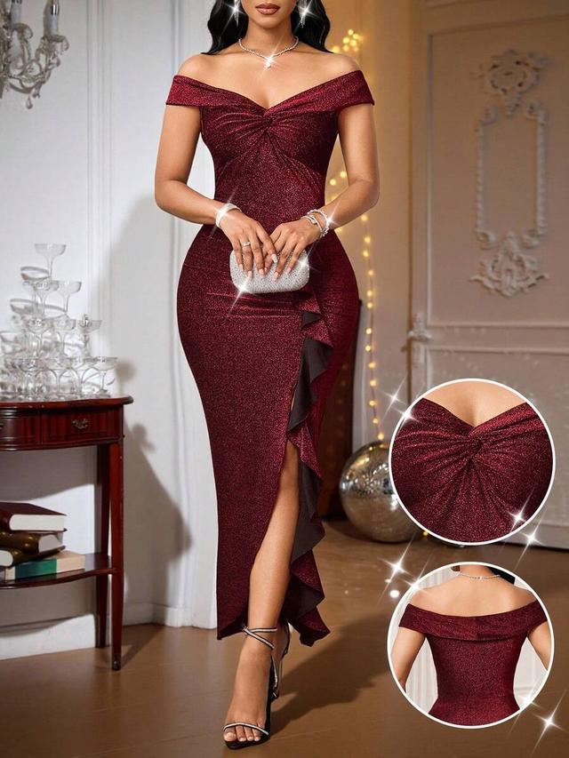 fleurora burgundy slim dress with high slit ruffles