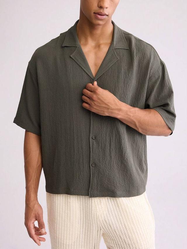 olive green seersucker boxy oversized short sleeve shirt