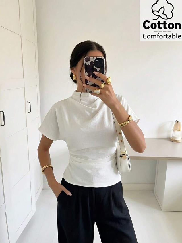 white cotton minimalist ruched cinched waist blouse