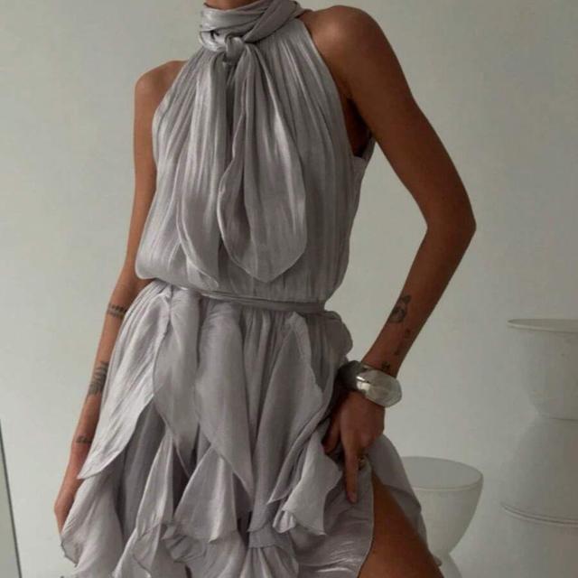 grey pleated halter neck tiered dress