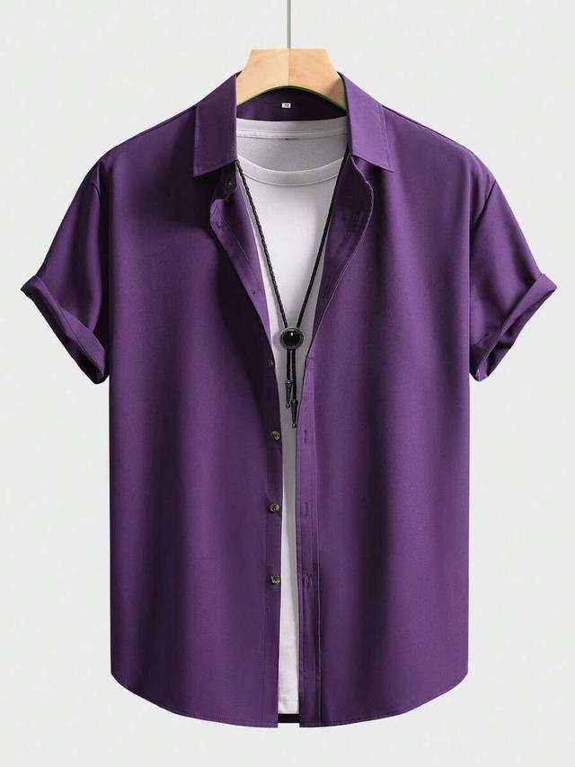 men's solid purple short sleeve casual shirt