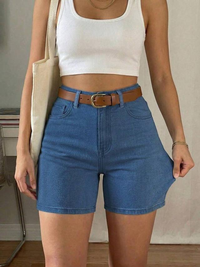 high-waisted medium wash denim shorts