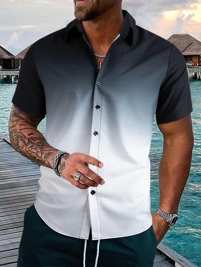 black white men ombre button up short sleeve holiday shirt