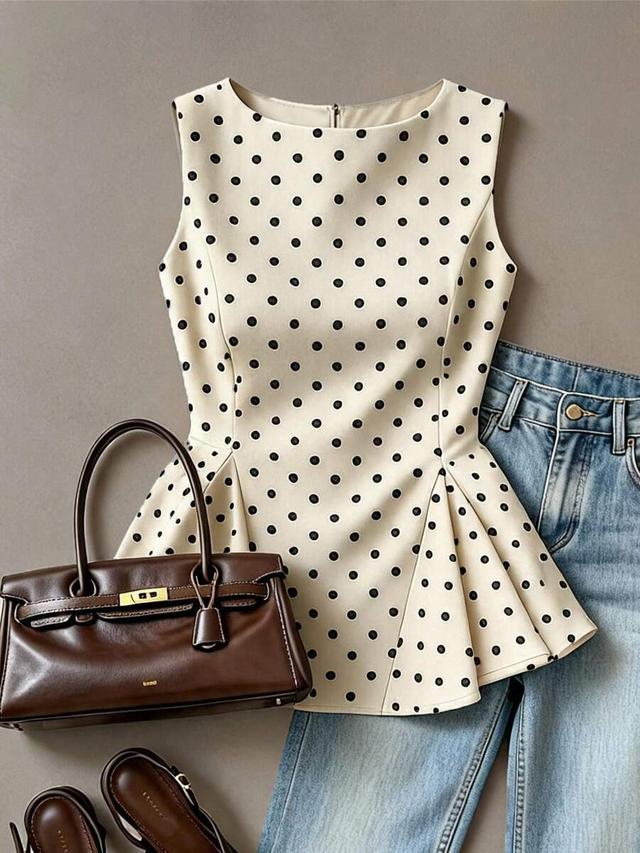 cream polka dot sleeveless peplum blouse