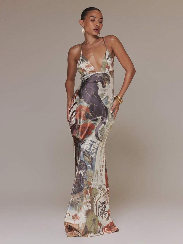 printed satin slip maxi dress with graphic panther