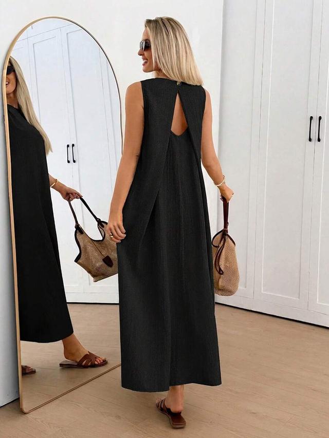 black sleeveless backless pleated a-line midi dress