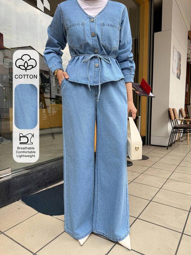 light wash denim belted shirt and wide leg jeans