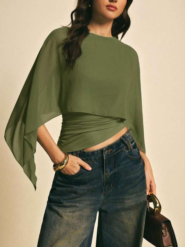 olive green layered chiffon asymmetrical hem blouse
