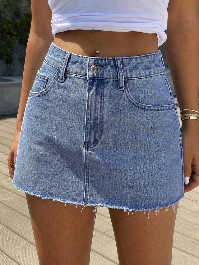 casual blue denim mini skirt with raw hem
