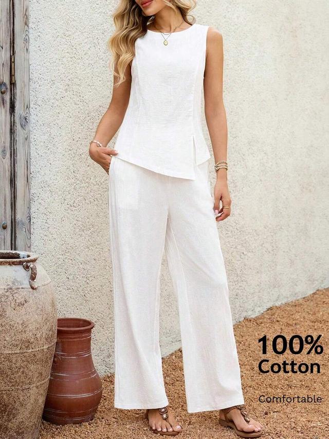 white cotton tank top and wide leg pants set
