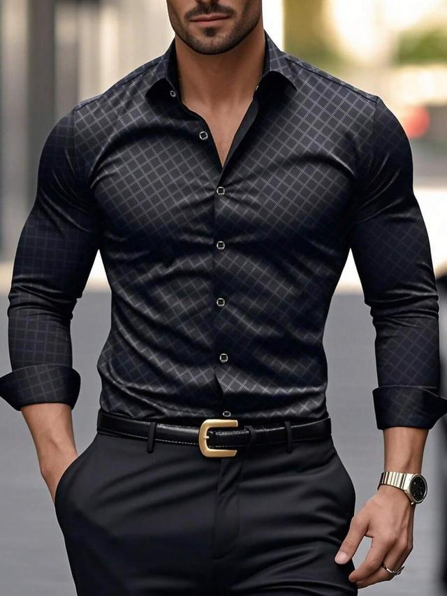 men's casual commuting diamond plaid long sleeve shirt