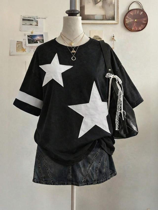 black oversized star patchwork embroidery cotton t-shirt