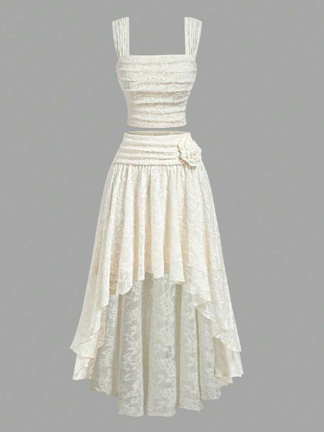 beige lace camisole and asymmetric hem skirt set
