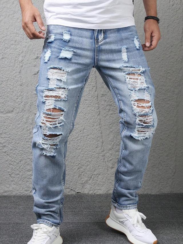 men's casual straight leg distressed washed ripped jeans