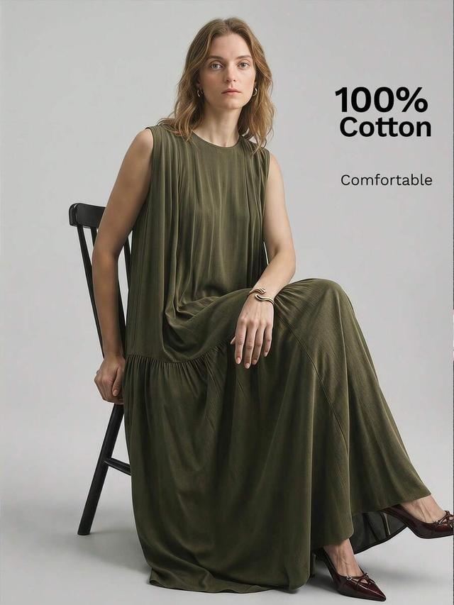 olive green sleeveless cotton drop waist maxi dress