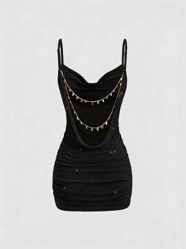 black ruched spaghetti strap mini bodycon dress