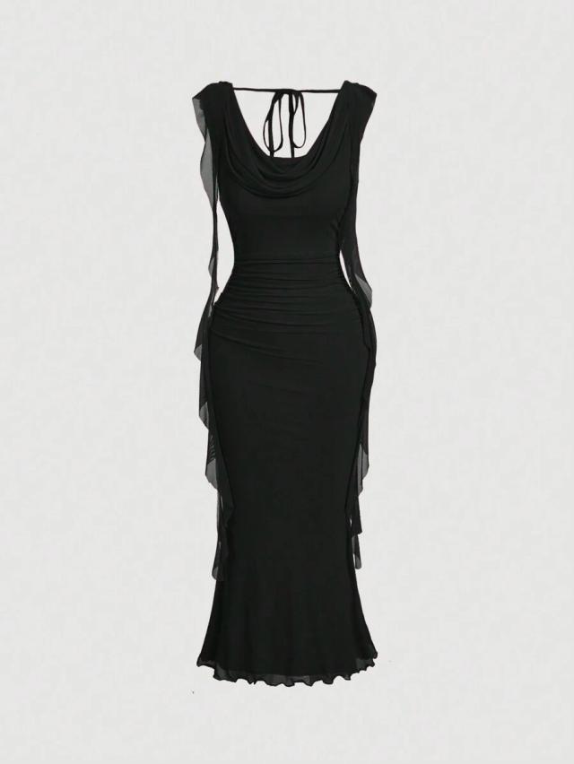 black cowl neck midi dress with ruffled mesh trim