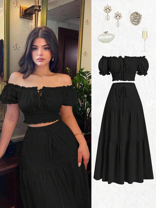 black off shoulder puff sleeve flared skirt set