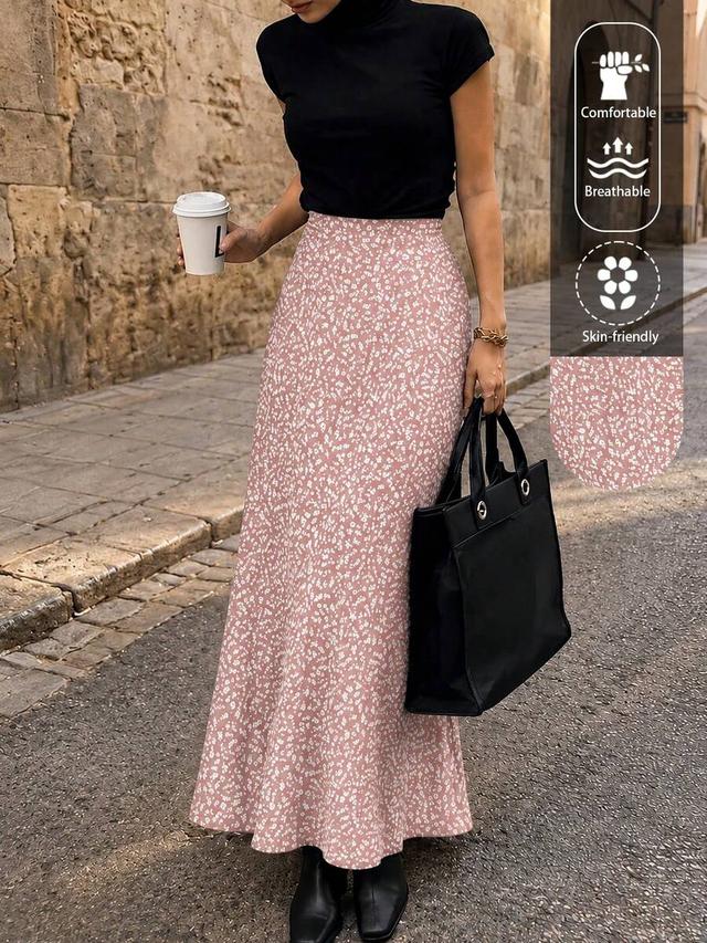 pink ditsy floral high waist flowy chiffon skirt