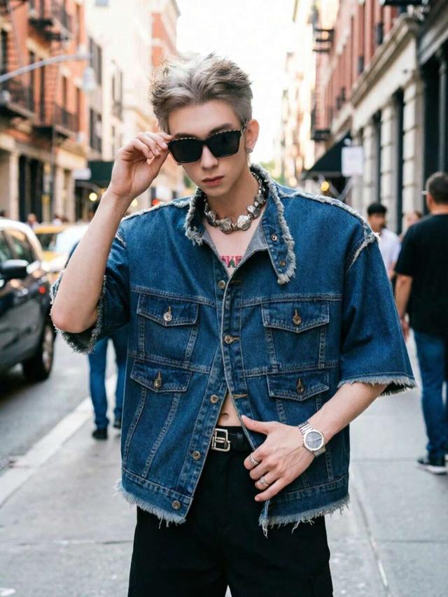 washed denim short sleeved jacket with frayed edges