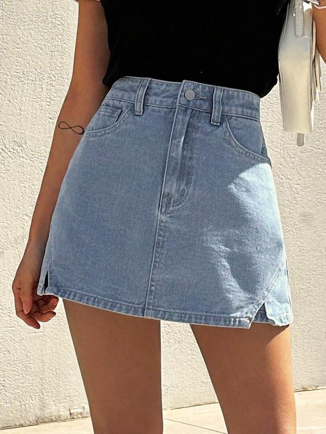 light wash denim split hem skort