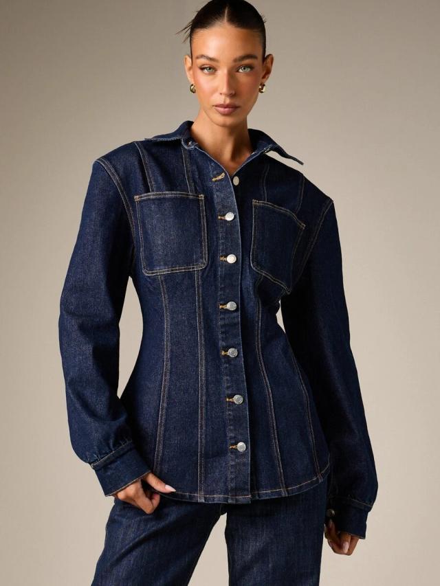 dark wash denim shirt jacket with contrast stitching