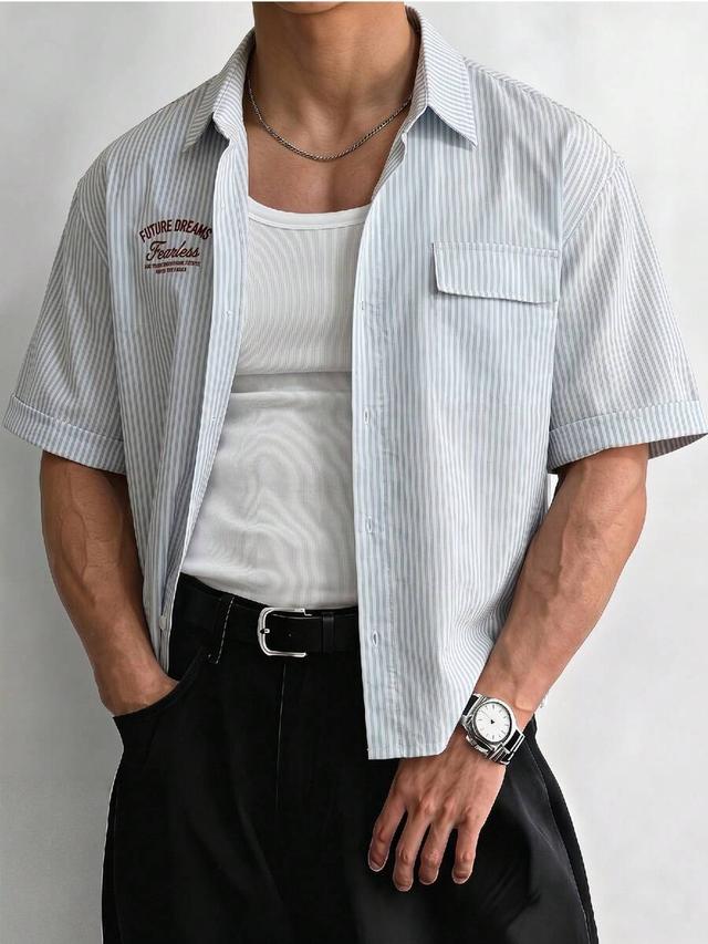men's blue and white stripe short sleeve shirt