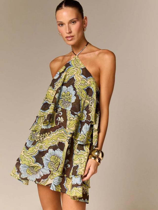printed tiered halter neck mini dress