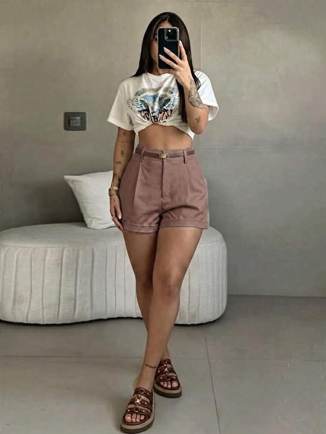 high waist pleated smooth woven pink suit shorts