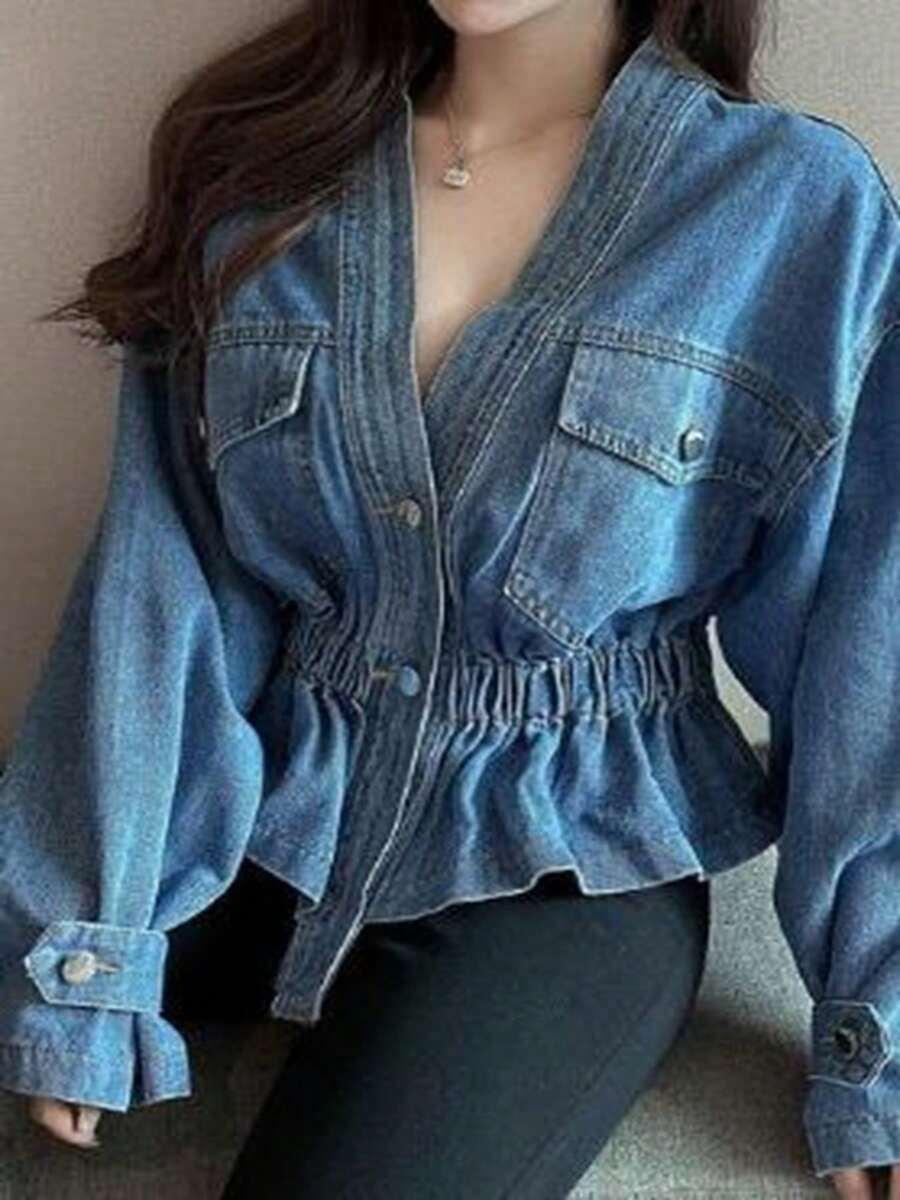 denim button front ruffle hem blouse