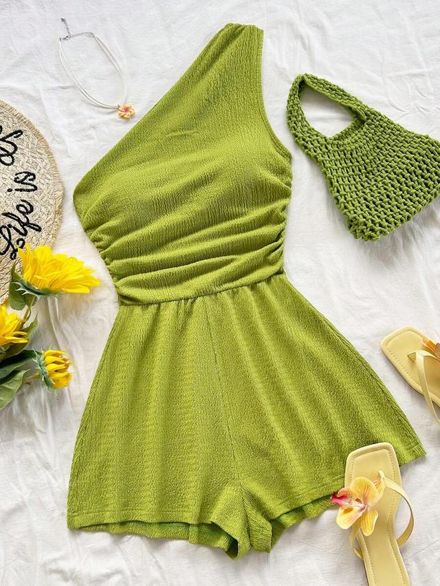 green one-sleeve textured summer playsuit