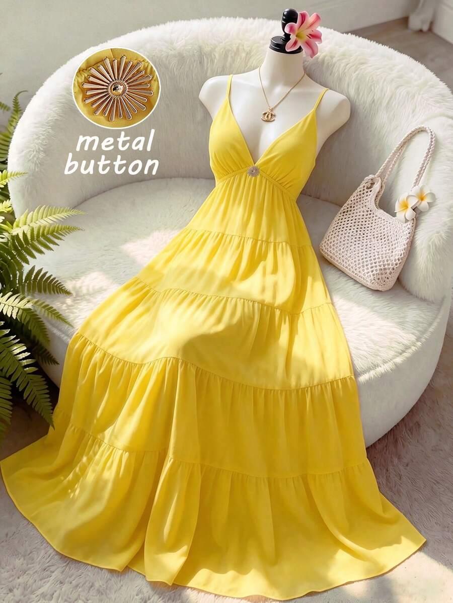 yellow v-neck spaghetti strap tiered ruffle maxi dress