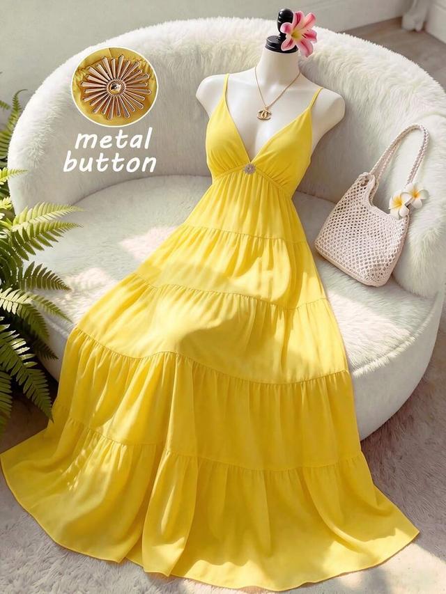 yellow v-neck spaghetti strap tiered ruffle maxi dress