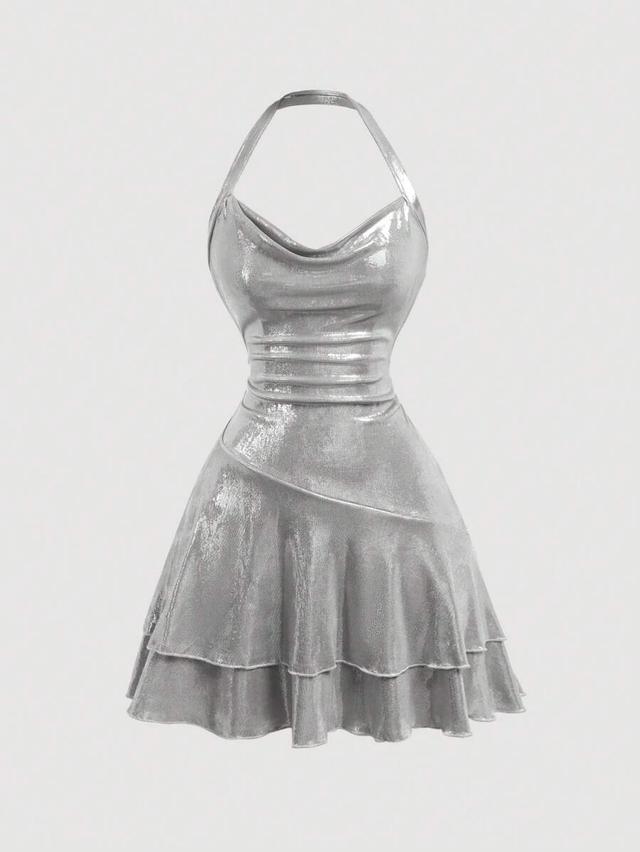 silver metallic draped neck mini dress