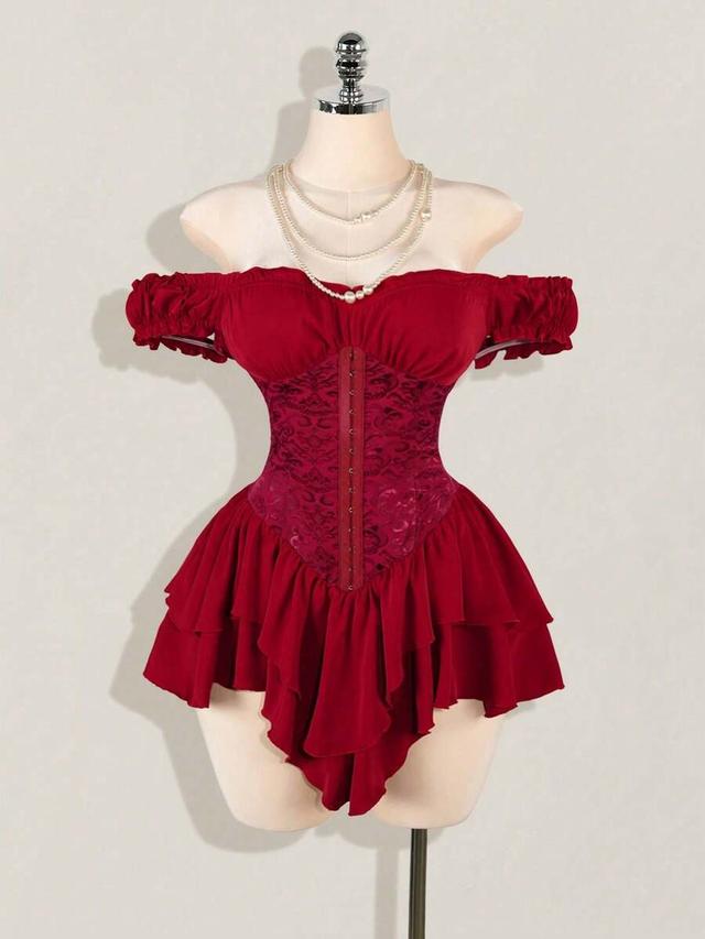 dark red off shoulder jacquard corset mini dress