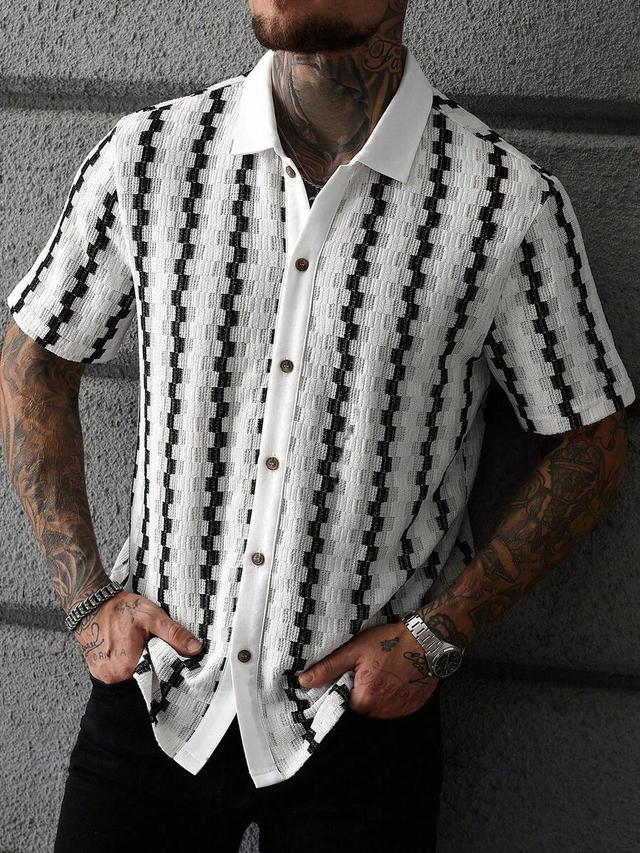textured white and black striped short sleeve shirt