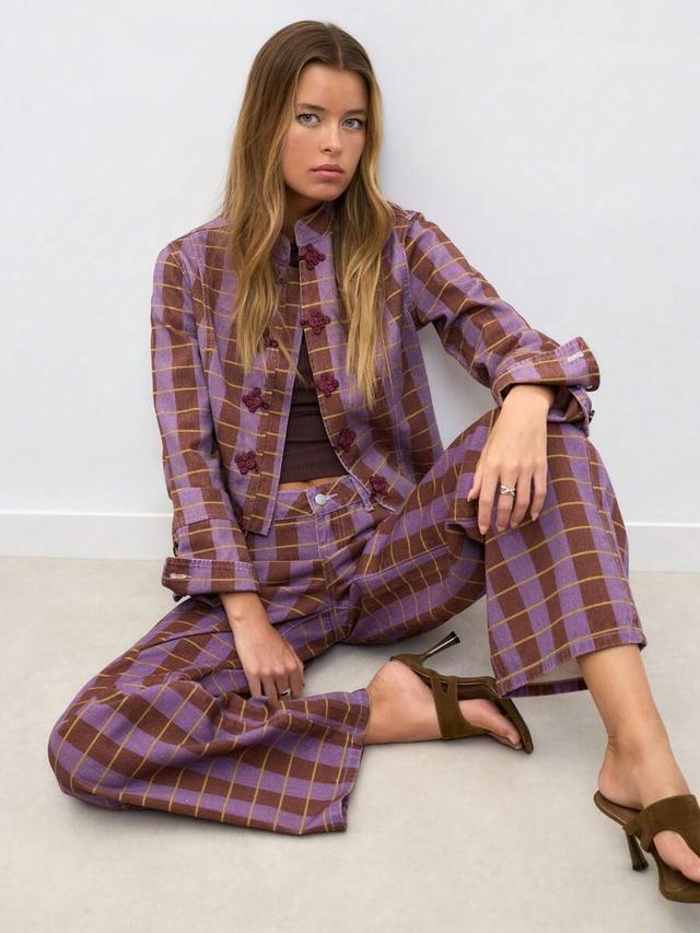 nöista purple brown plaid short coat