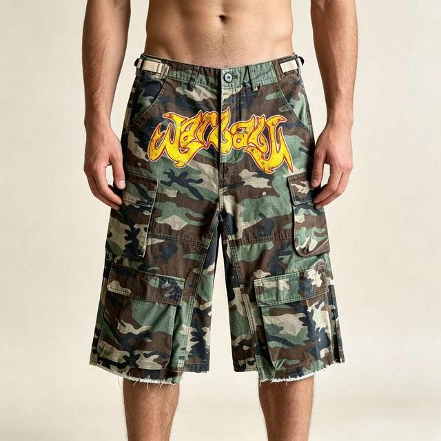 camo men's camo distressed denim cargo shorts