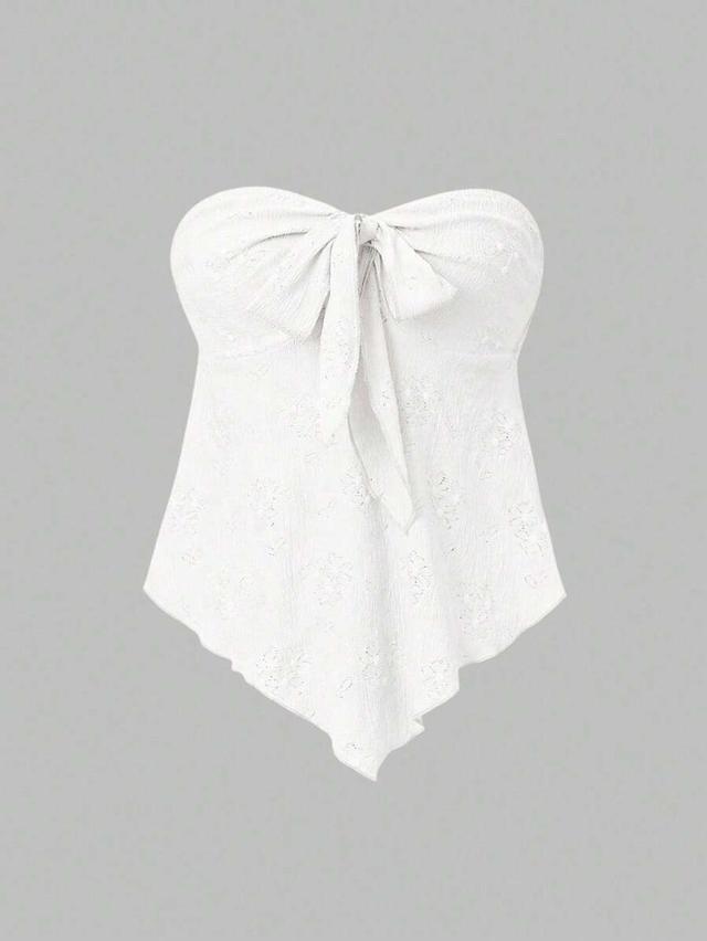 white solid color front knot asymmetrical hem bandeau top