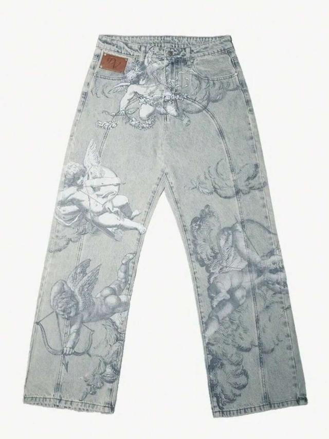 vintage cupid angel print washed wide leg jeans