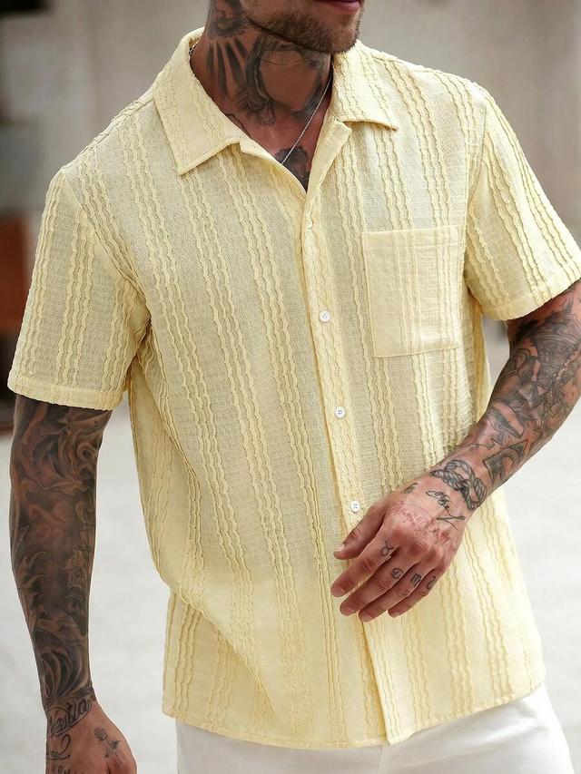pale yellow textured short sleeve button-up shirt