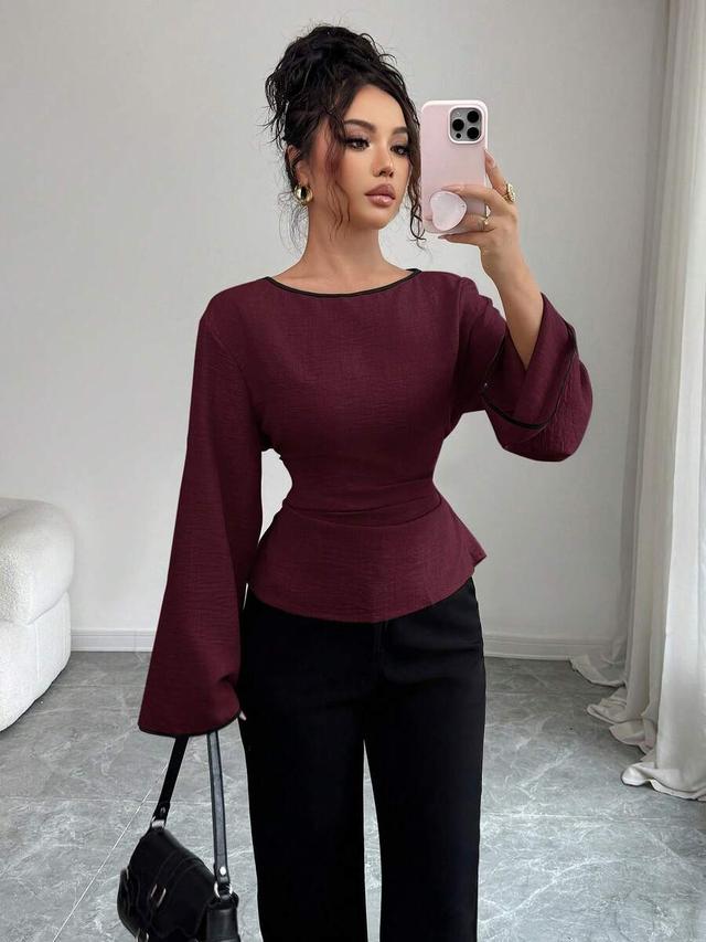 burgundy flare sleeve tie back fitted blouse