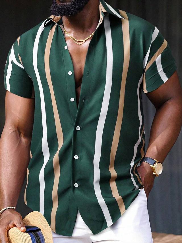 men green and gold vertical striped short sleeve shirt