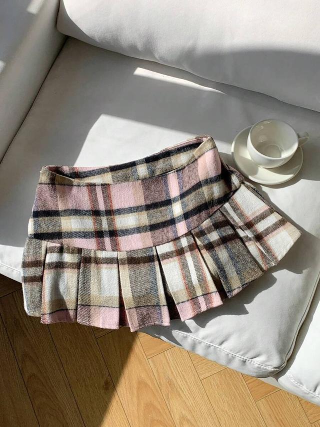 pink plaid wool blend pleated mini skirt
